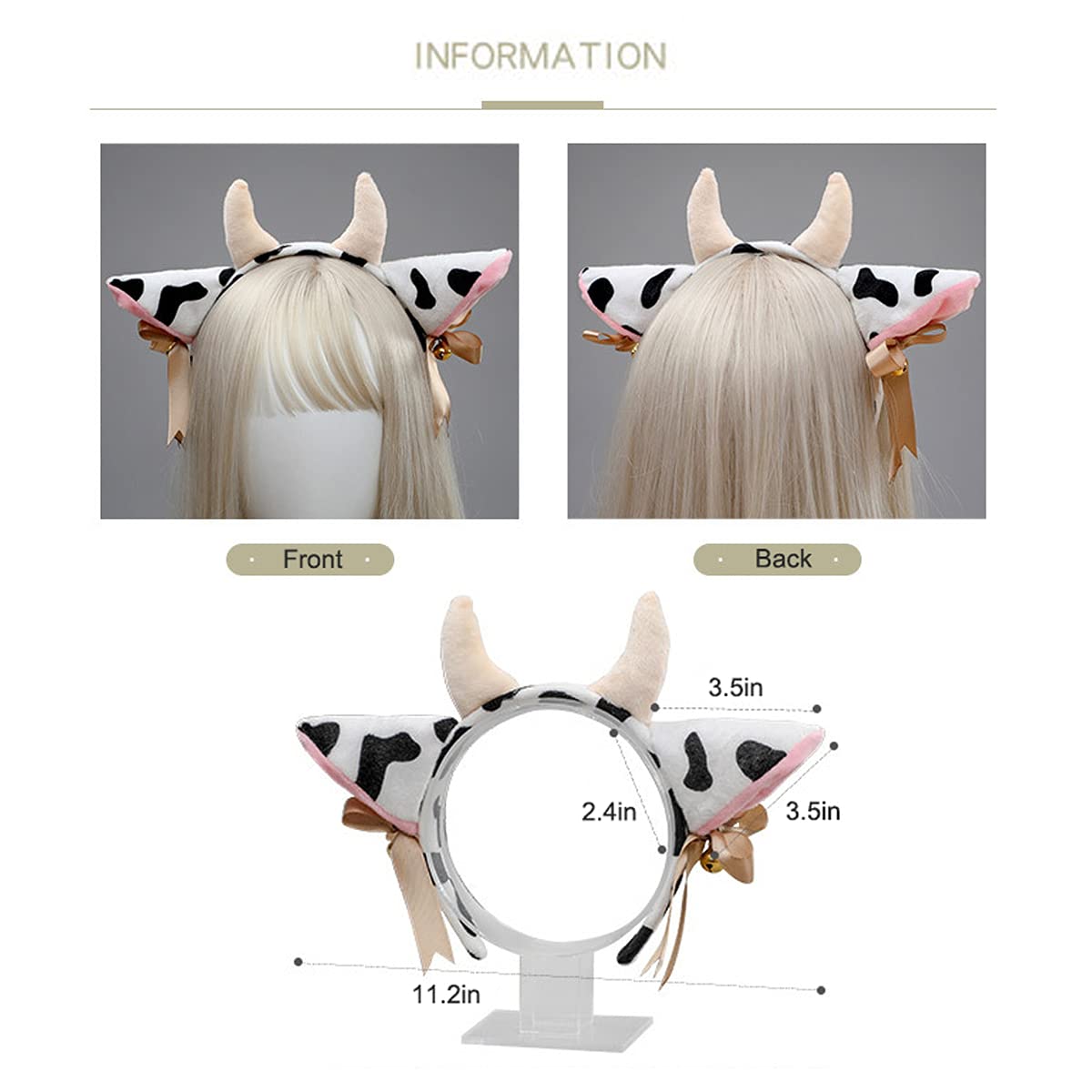 BPNHNA Cow Ears and Horns Headband Bow Ribbon Bells Headwear Elastic Hair Hoop For Party Animal Cosplay Costume White