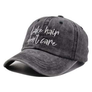 OASCUVER Embroidery Lake Hair Don't Care Hat, Distressed Cotton Adjustable Lake Life Baseball Cap for Men Women