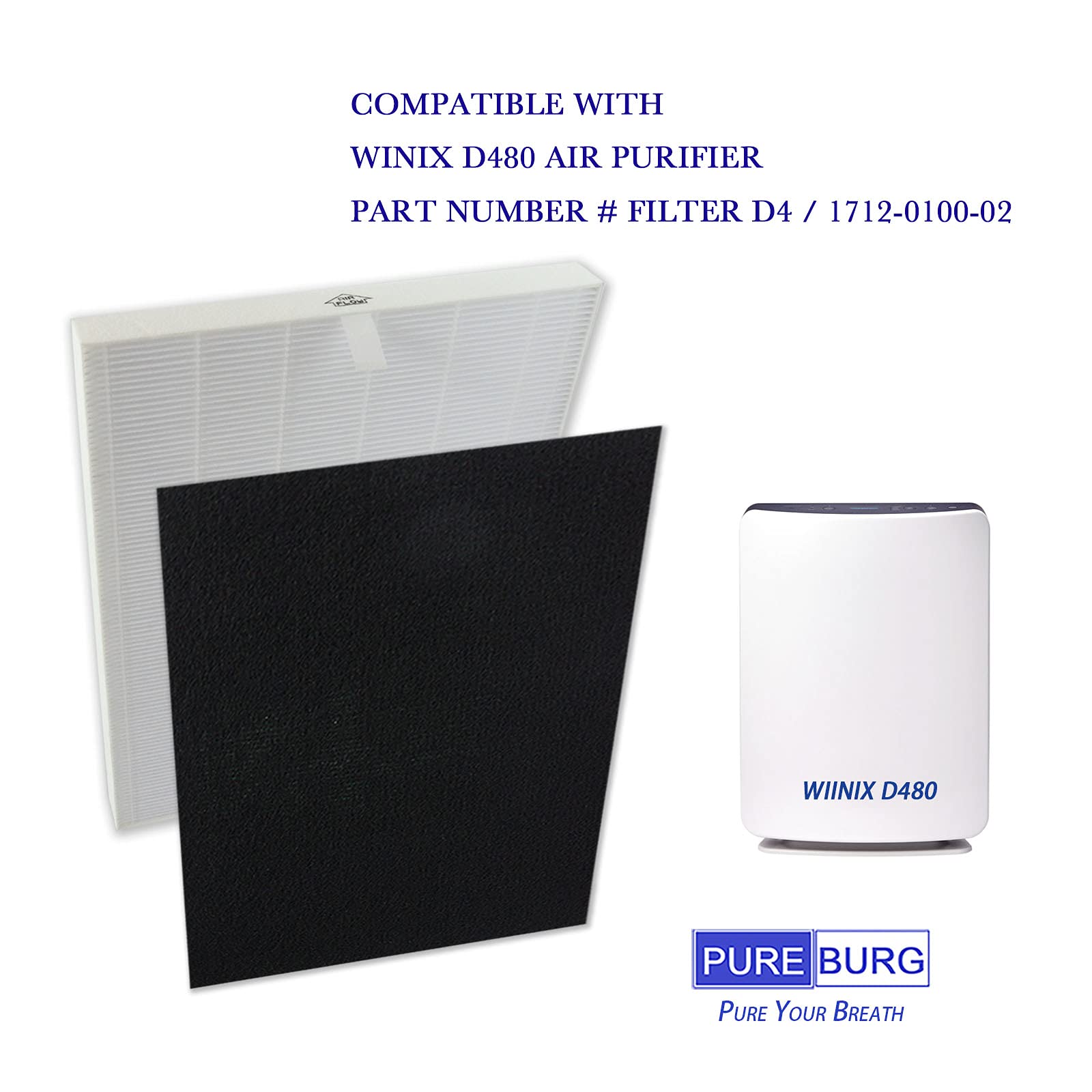 PUREBURG D4 Replacement Filter Set Compatible with Winix D480 Air Purifier 1712-0100-02, H13 HEPA + 6 x Activated Carbon Pre-Filter,Air Clean Dust VOCs