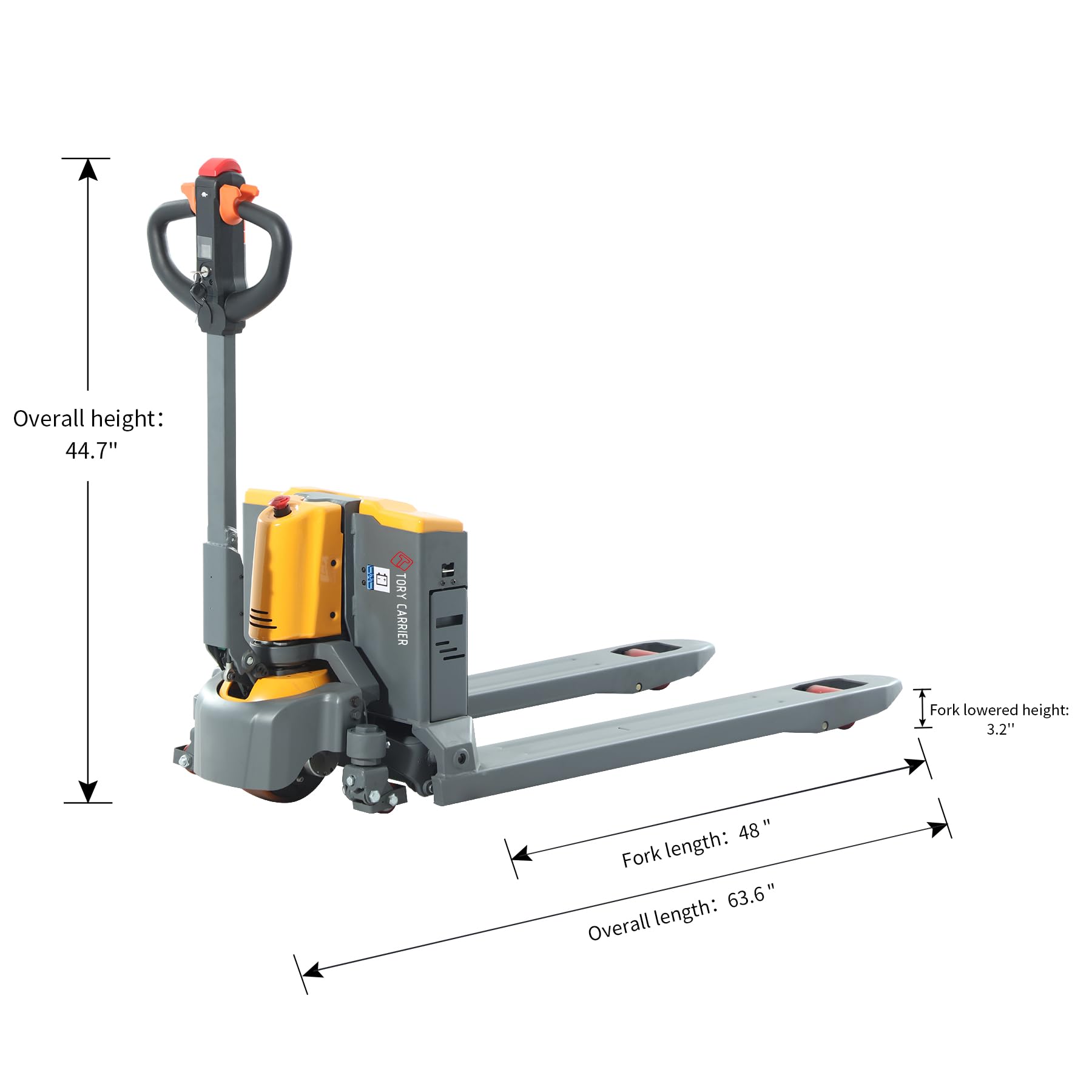 Tory Carrier Full Electric Power Pallet Jack Truck 3300lb Cap. 48" x 27" Fork Size, Lithium Battery Motorized Trucks Lift for Material Handling