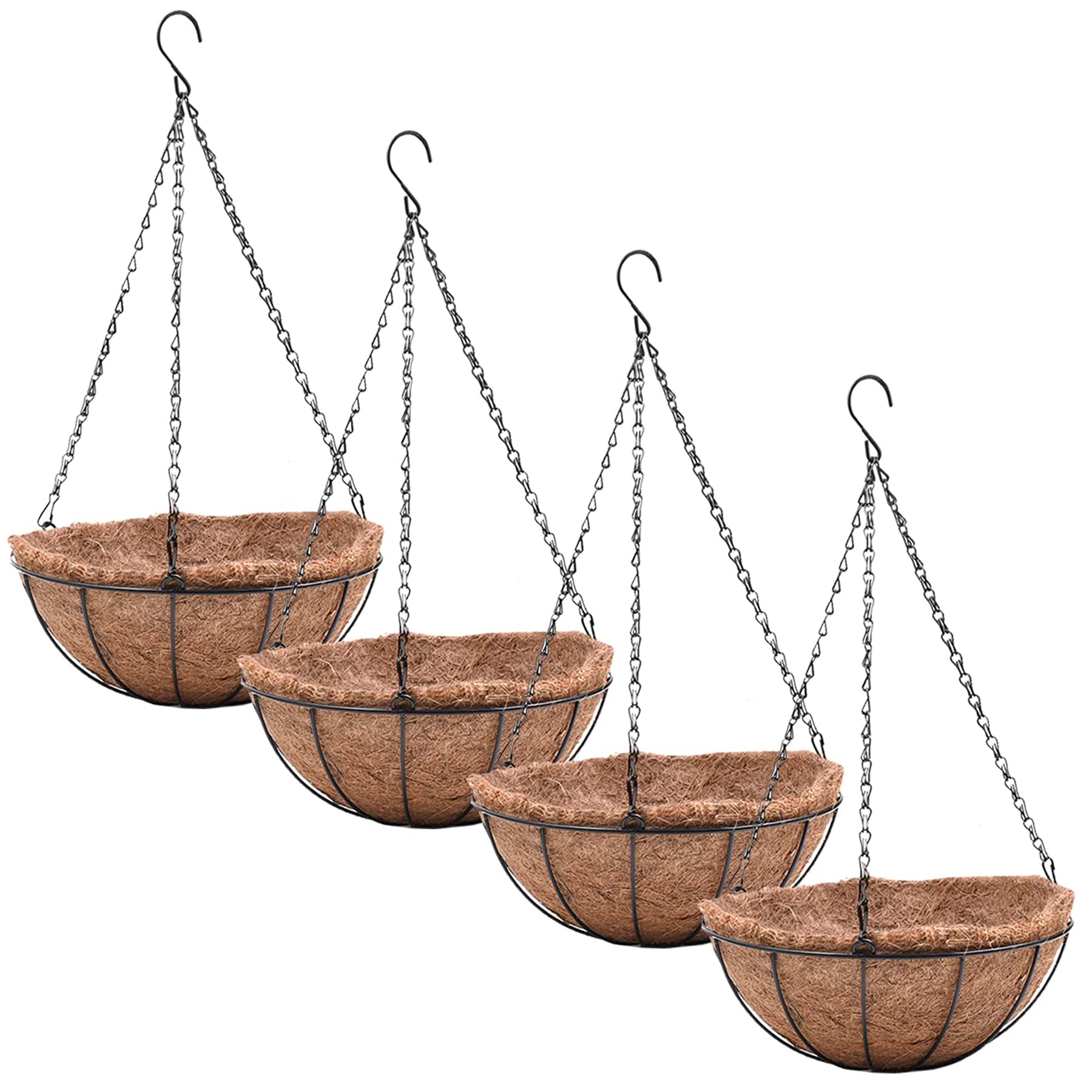 EIMQUVW 4 Pack Hanging Planter Basket Outdoor Large Hanging Flower Pots Indoor 12 inch with Coco Coir Liner Round Wire Plant Holder Chain Hanging Basket Garden for Home Decor Balcony Office1