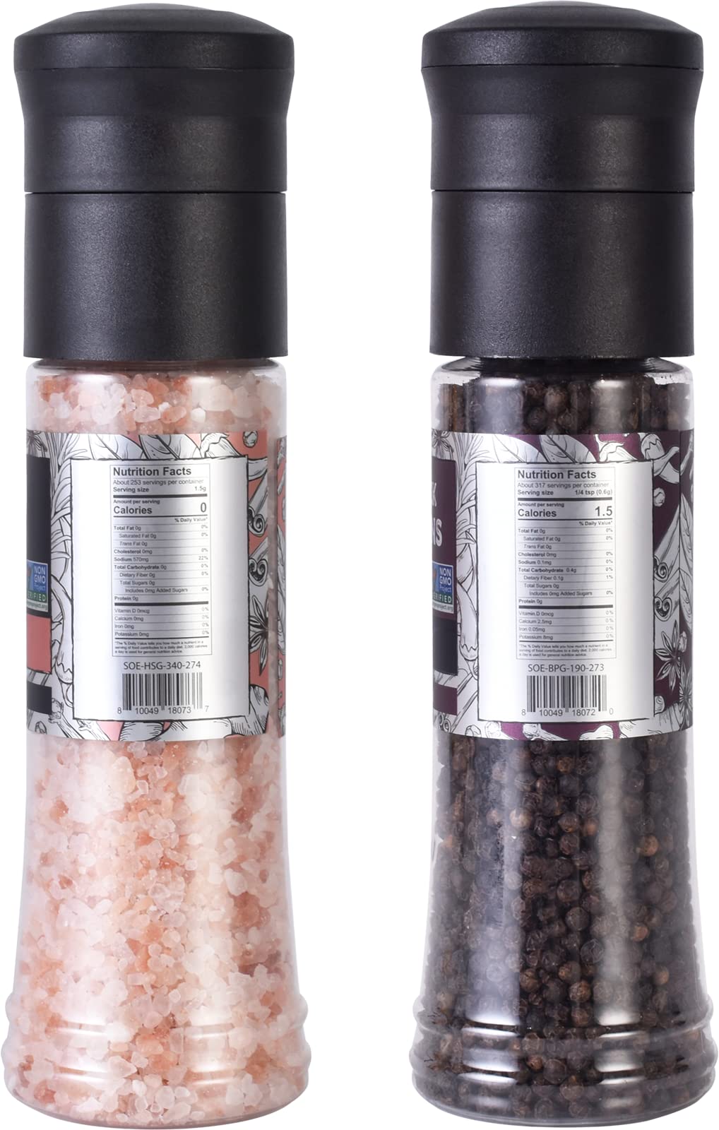 Soeos Whole Black Peppercorns, 6.7oz (190g) and Himalayan Pink Salt, 13.4oz (380g), Plastic Bottle Grinder with Spice Grinder with Salt and Pepper Shaker, Salt and Pepper Set.