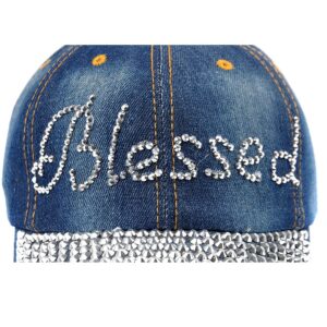 Elonmo Letter Blessed Design Womens Baseball Cap Bling Hat Rhinestone Jean Adjustable Luky Hat Gift for Her Blue