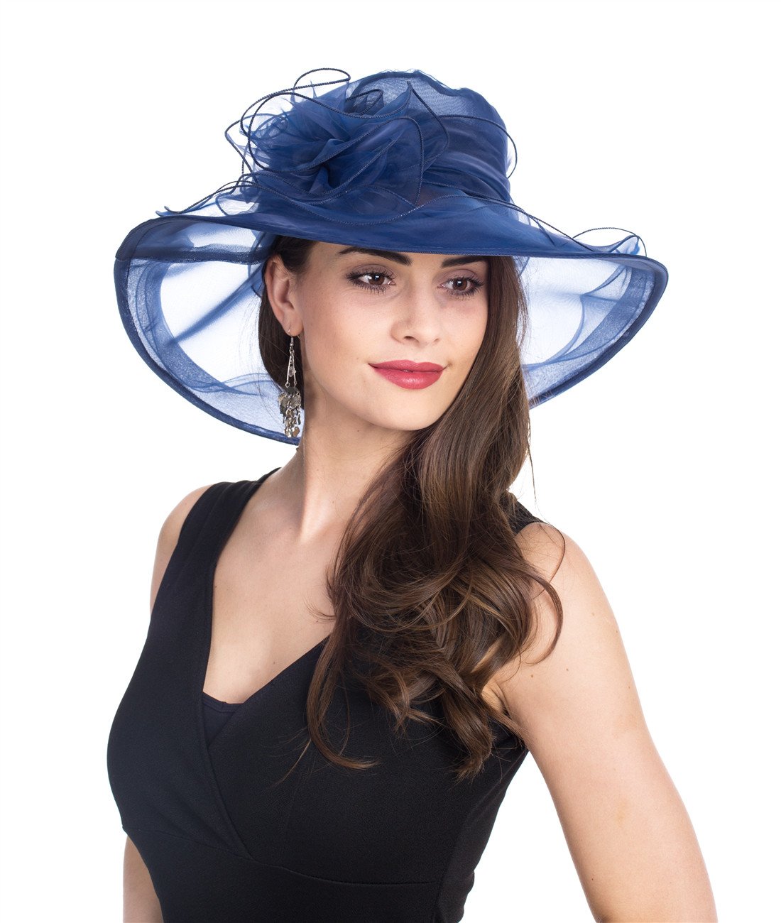 Lucky Leaf Women Church Cap Wide Brim Summer Sun Hat for Party Wedding(Hat1-2-Peacock Blue New)