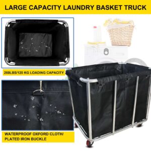 Commercial Large Stainless Steel Laundry Trolley Cart with Wheels - Heavy Duty Rolling Laundry Cart for Industrial/Home，10 Bushel,35.4" Lx25.6 Wx31.5 H (Black)