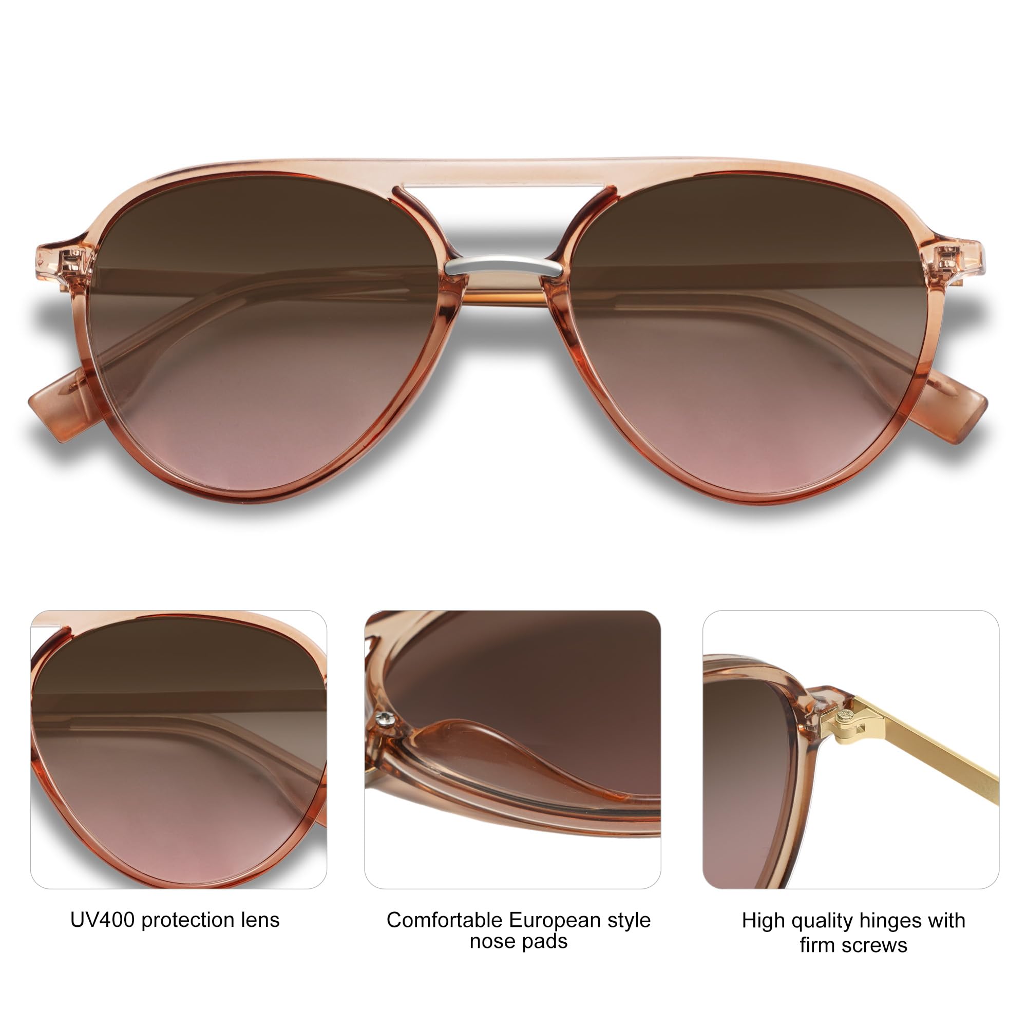 SOJOS Retro Aviator Polarized Sunglasses for Women Men Double Bridge Ladies Shades SJ2078 with Clear Brown Frame/Gradient Brown Lens