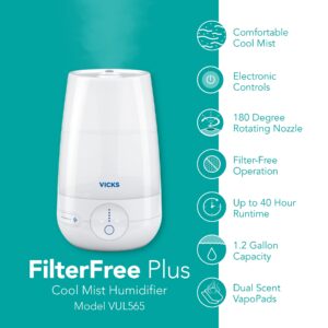 Vicks FilterFree Plus Cool Mist Plus Humidifier (VUL565), Medium Room –Filter-Free Cool Mist Humidifier for Baby, Kids and Adult Rooms, Works with Vicks VapoPads