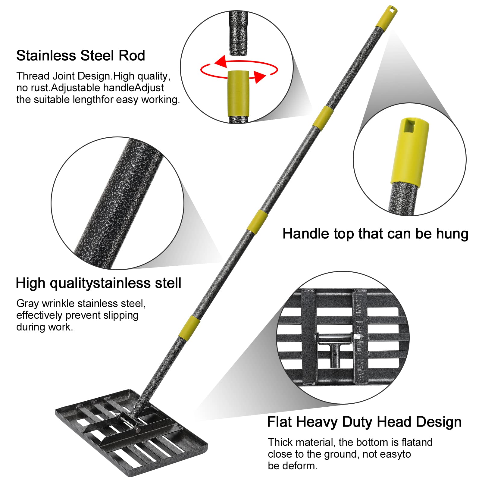 Lawn Leveling Rake, 5 FT Adjustable Long Handle Level Lawn Rake, Black Heavy Duty Level Lawn & 1 Inch Diameter Stainless Steel Handle Lawn Leveler Rake, Lawn Leveler Tool for Soil Grass Golf Field