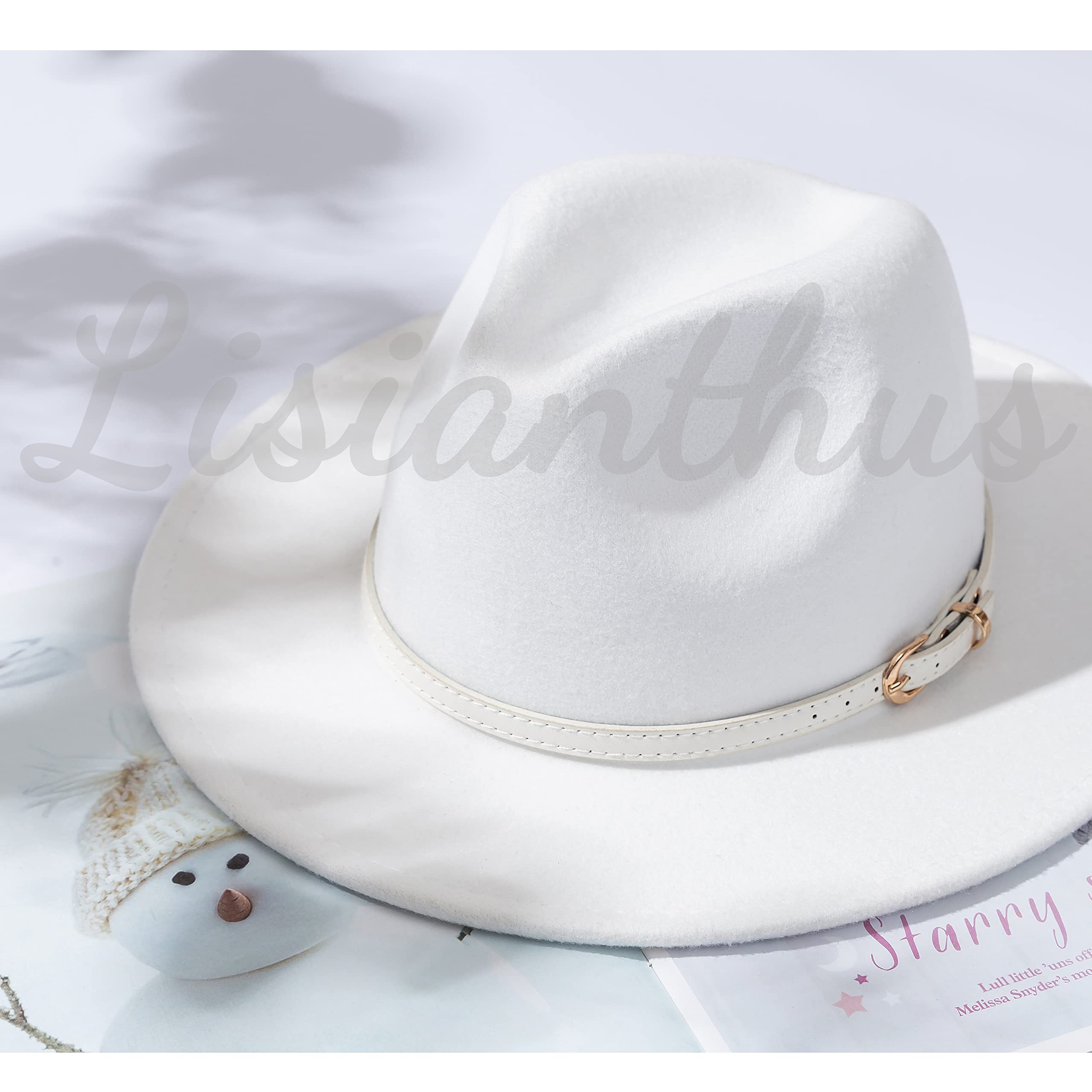 Lisianthus Women White Fedora Wide Brim Panama Hats with Color Belt Buckle (White)