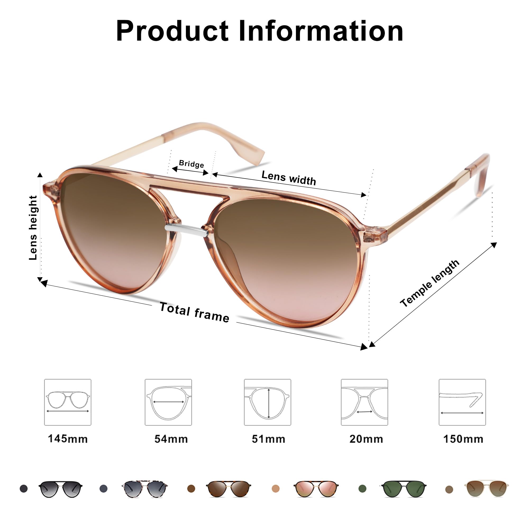 SOJOS Retro Aviator Polarized Sunglasses for Women Men Double Bridge Ladies Shades SJ2078 with Clear Brown Frame/Gradient Brown Lens