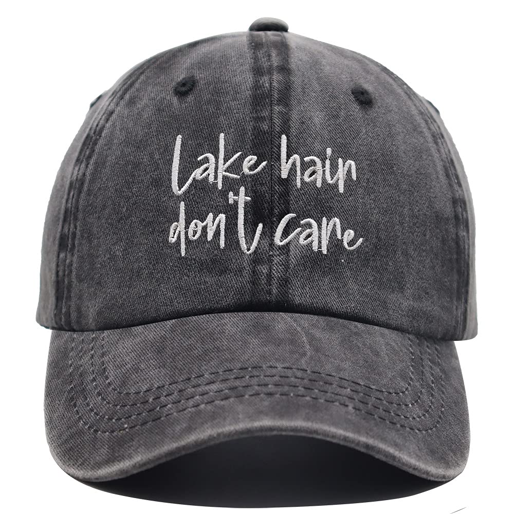 OASCUVER Embroidery Lake Hair Don't Care Hat, Distressed Cotton Adjustable Lake Life Baseball Cap for Men Women