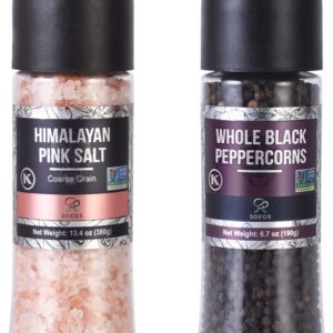 Soeos Whole Black Peppercorns, 6.7oz (190g) and Himalayan Pink Salt, 13.4oz (380g), Plastic Bottle Grinder with Spice Grinder with Salt and Pepper Shaker, Salt and Pepper Set.