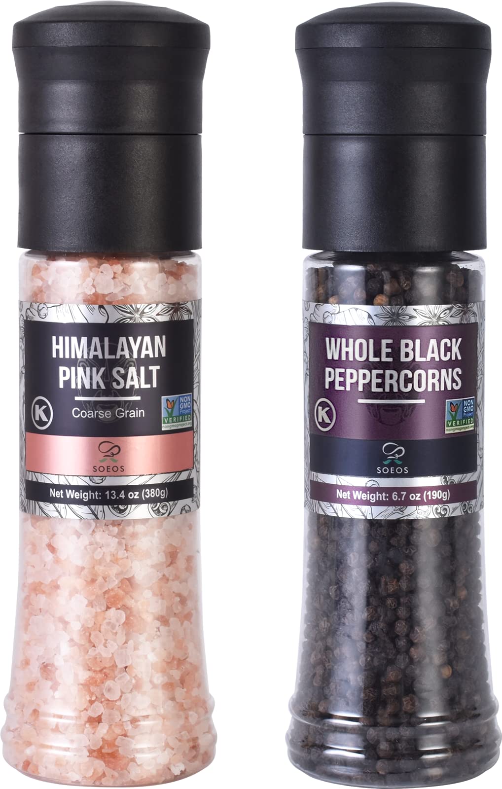 Soeos Whole Black Peppercorns, 6.7oz (190g) and Himalayan Pink Salt, 13.4oz (380g), Plastic Bottle Grinder with Spice Grinder with Salt and Pepper Shaker, Salt and Pepper Set.