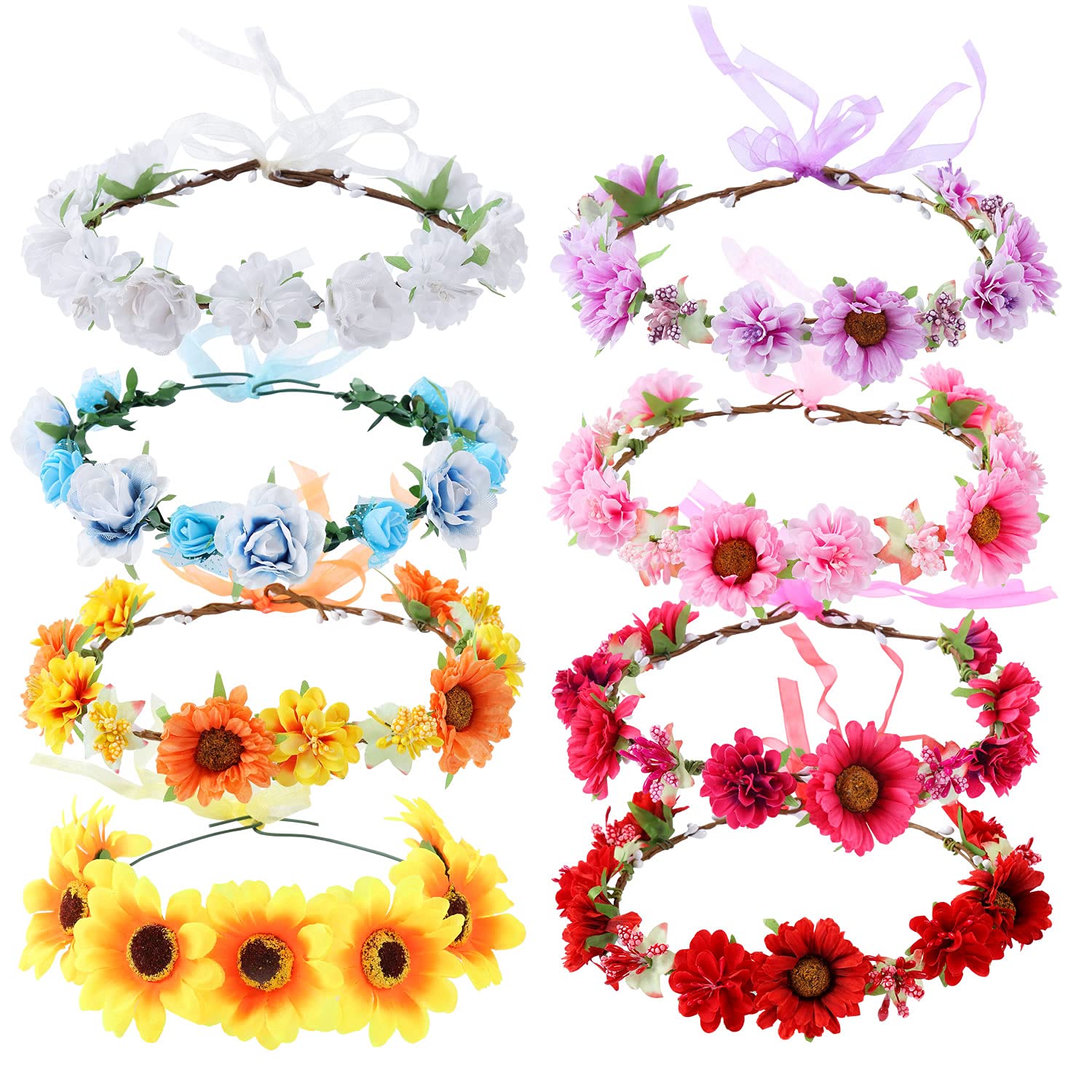 Cinaci 8 Pack Boho Hawaiian Sunflower Daisy Rose Flower Crown Wreath Handmade Adjustable Headbands Tiara Garland Wedding Party Headpiece Accessories for Women Brides Bridemaids Girls Teens