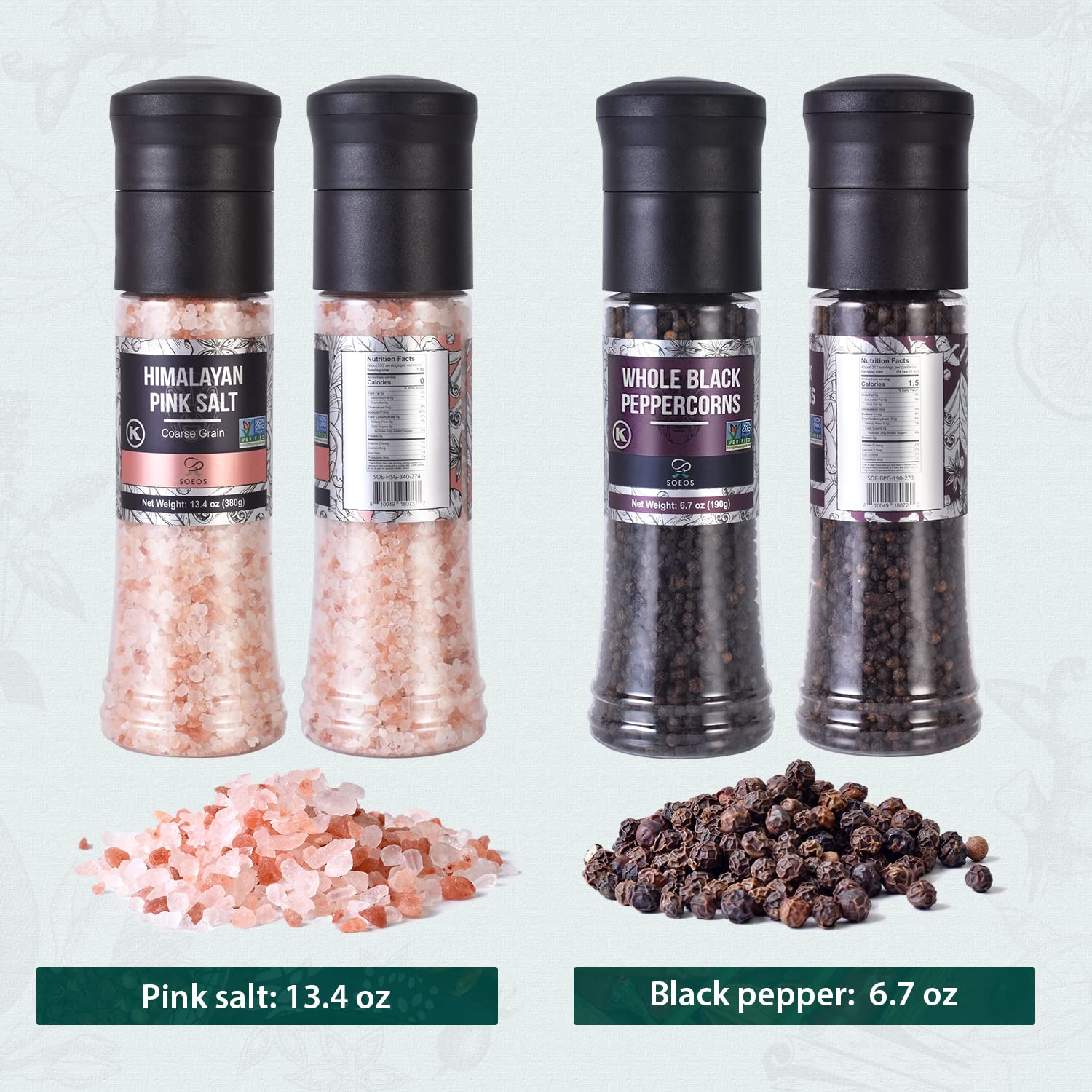 Soeos Whole Black Peppercorns, 6.7oz (190g) and Himalayan Pink Salt, 13.4oz (380g), Plastic Bottle Grinder with Spice Grinder with Salt and Pepper Shaker, Salt and Pepper Set.