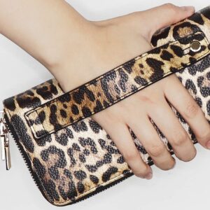 B BRENTANO Vegan Leather Double Zipper Pocket Wallet with Grip Hand Strap (Leopard)