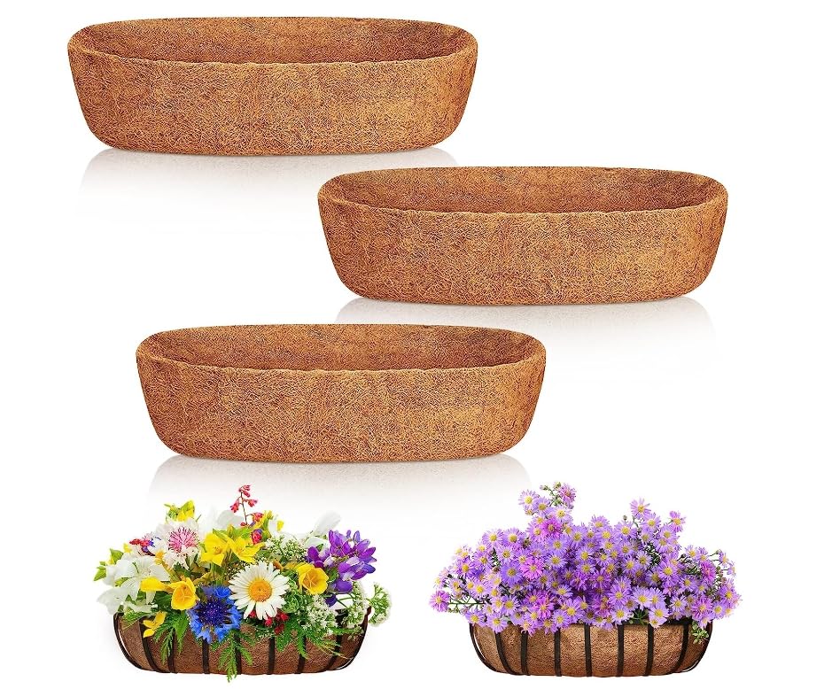 JISON21 Coconut Fiber Planter Liner, 3PCS 30 Inch Natural Coco Liners for Deck Hanging Planter Window Box Liners Half Moon Shape Replacement for Flower Pots Horse Trough Hanging Basket Vegetables Pot