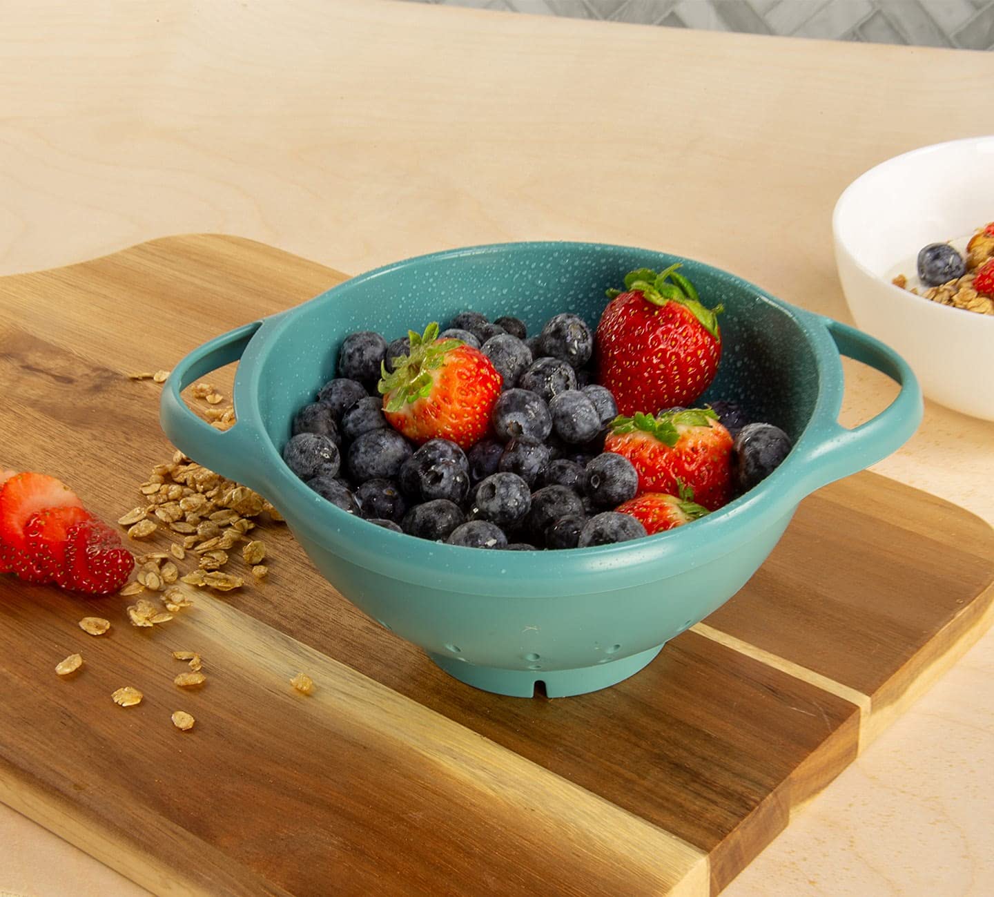 Crisp 2 Pack Mini Colander Berry Baskets - Plastic, Durable Kitchenware, Dishwasher Safe - Made in the USA - Prussian Blue & Light Teal