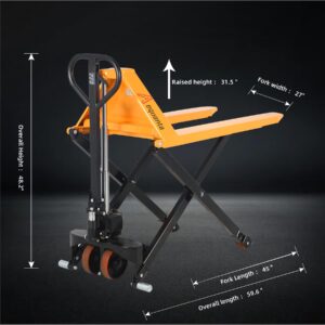 Aequanta High Lift Hand Pallet Jack Scissor Manual Truck 2200lbs Capacity 45" Lx27 W Fork Size Suitable for Open Bottom Pallet