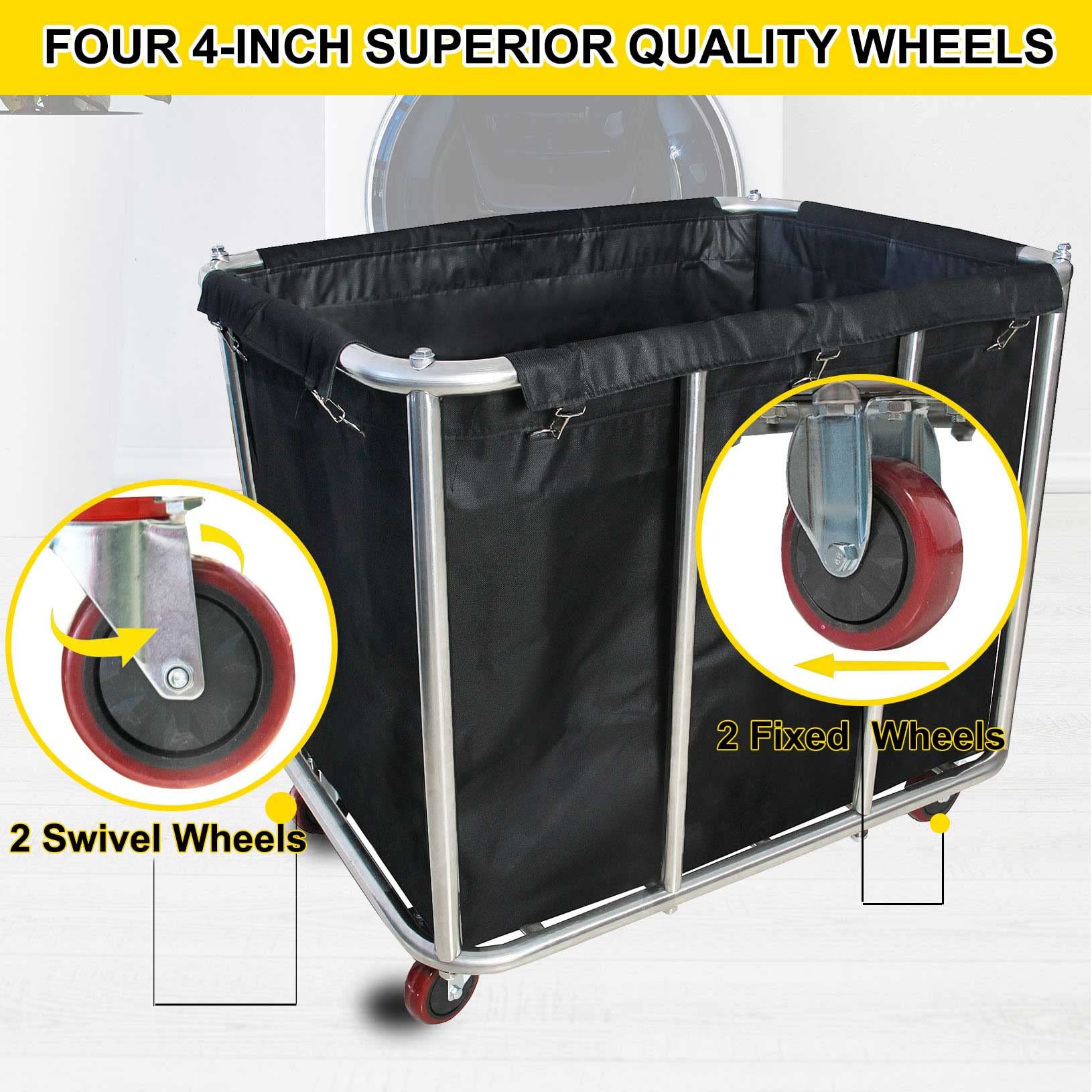 Commercial Large Stainless Steel Laundry Trolley Cart with Wheels - Heavy Duty Rolling Laundry Cart for Industrial/Home，10 Bushel,35.4" Lx25.6 Wx31.5 H (Black)