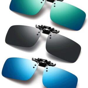 FF FRAZALA Polarized Clip-on Sunglasses 3 PACK Anti-Glare UV Protection Flip-up Sunglasses Over Prescription Glasses (green&black&blue)