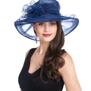 Lucky Leaf Women Church Cap Wide Brim Summer Sun Hat for Party Wedding(Hat1-2-Peacock Blue New)