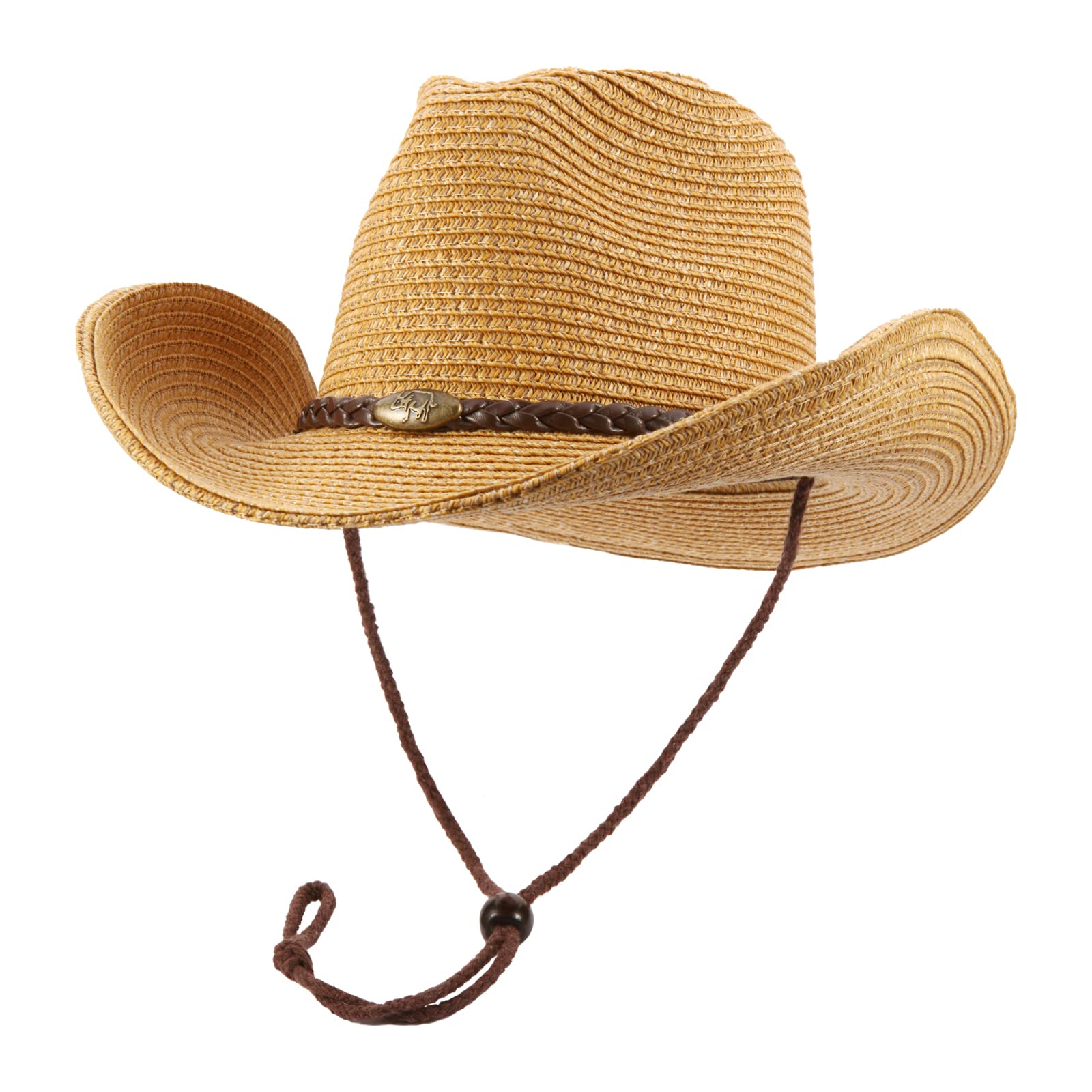 Western Cowboy Hat with String for Women Men Foldable Summer Sun Protection Straw Beach Hats with Wide Brim Khaki