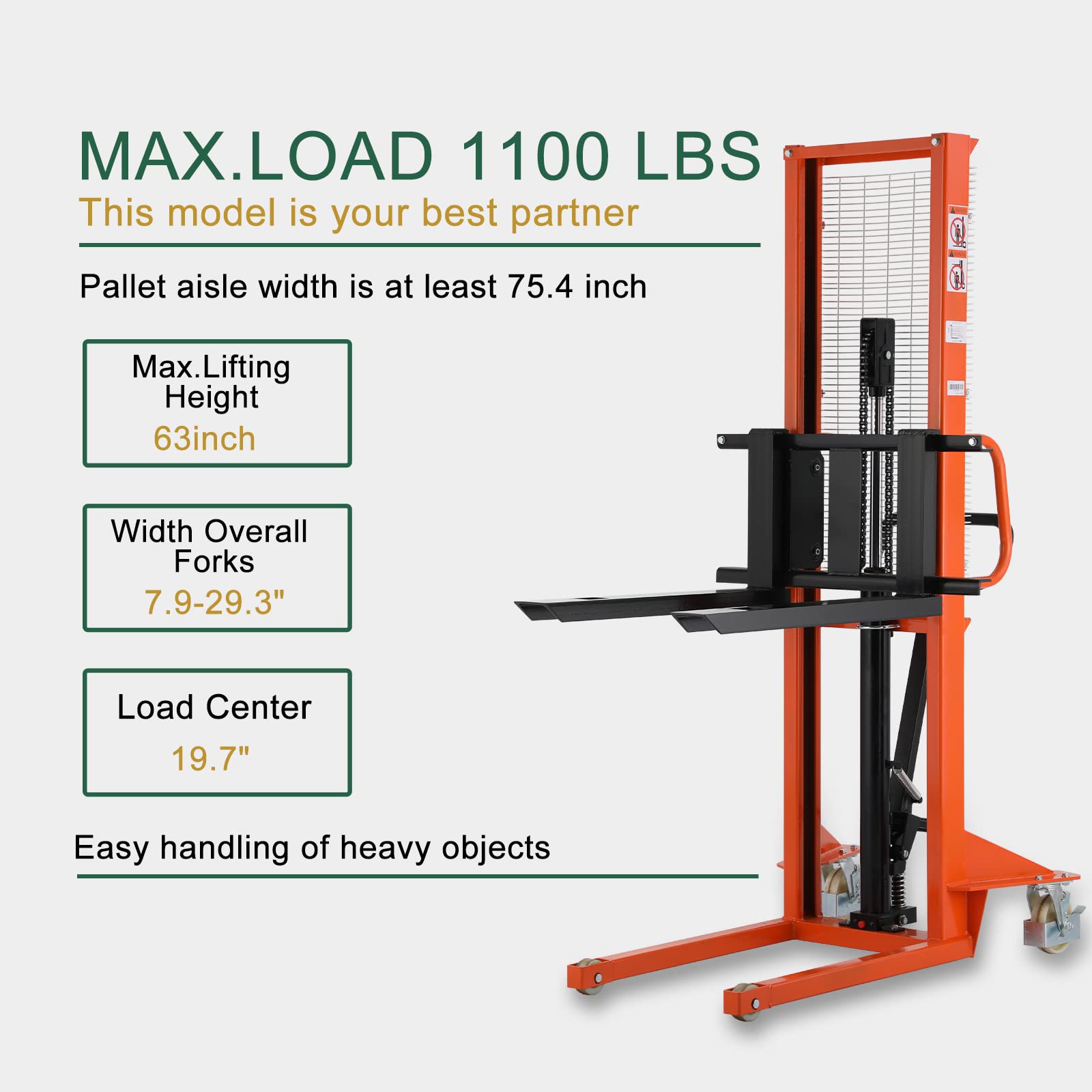 Tory Carrier Manual Forklift Pallet Stakcer 1100lbs Capacity 63" Lift Height with Adjustable Forks and Fixed Legs Hand Tools