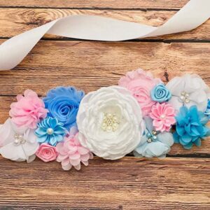 Maternity Pregnancy Flower Sash Belt, Rhinestone Feather Sash for Wedding Bride/Baby Shower Dress (White/Pink/Blue, One Size)