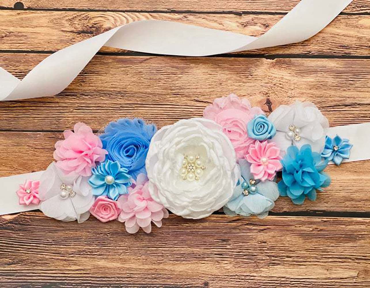 Maternity Pregnancy Flower Sash Belt, Rhinestone Feather Sash for Wedding Bride/Baby Shower Dress (White/Pink/Blue, One Size)