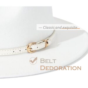 Lisianthus Women White Fedora Wide Brim Panama Hats with Color Belt Buckle (White)