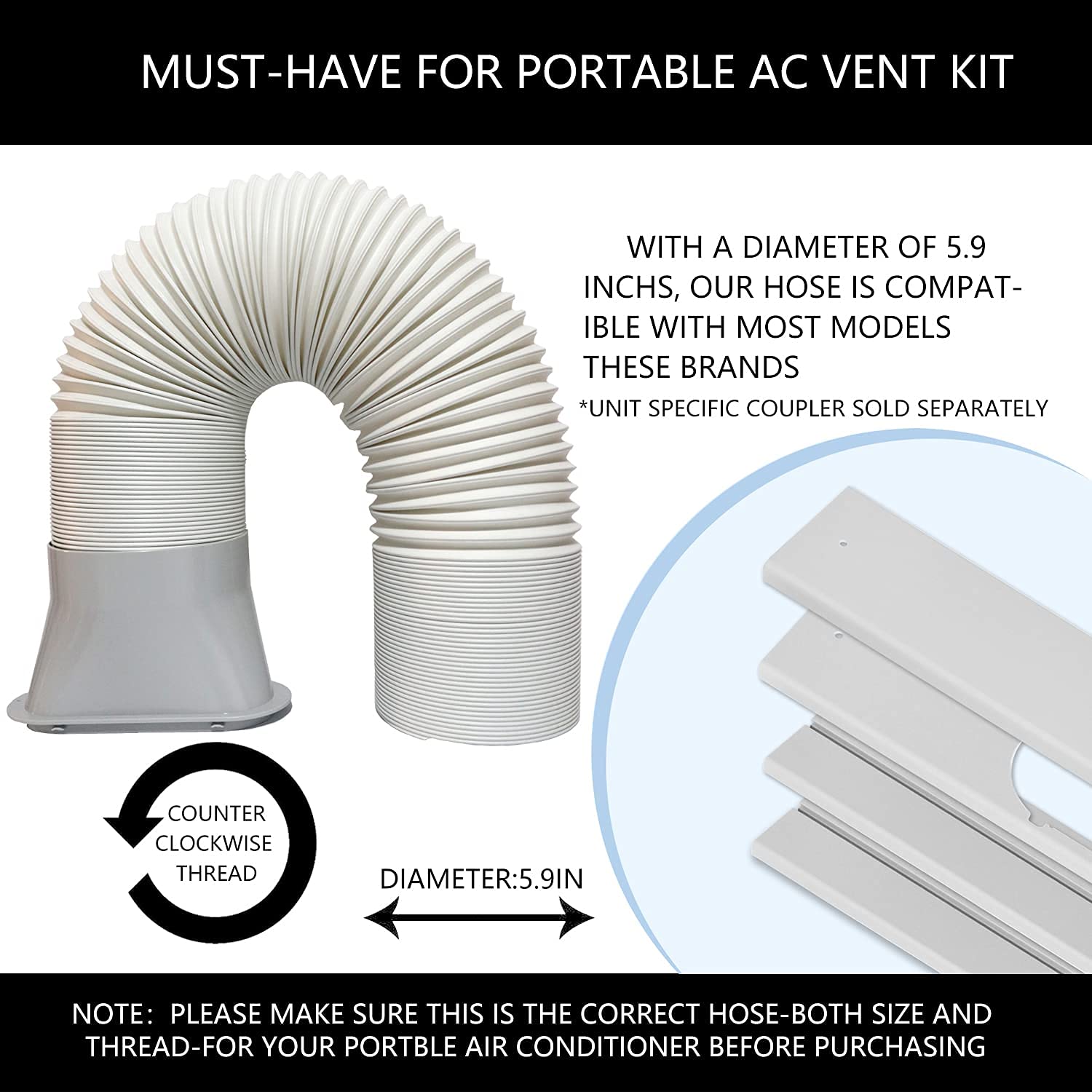 LEZIFU Portable Air Conditioner Window Kit with Hose, Adjustable Window Seal with 5.9 Inch Diameter 59" Length Hose for Vertical/Horizontal Window Kit