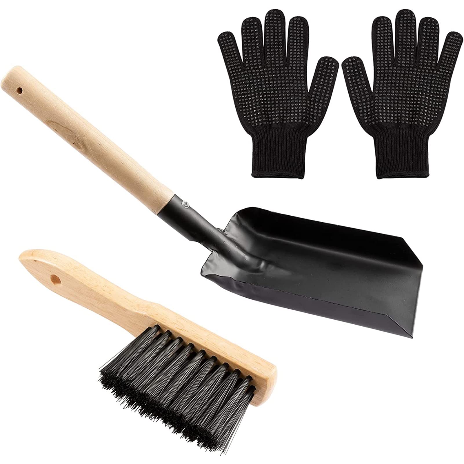 Fireplace Ash Shovel and Brush Set- Upgraded Metal Coal Shovel and Hearth Brush Set Large Fireplace Tools with Silicone Gloves Fire Pit Accessories for Fireplace Wood Stove Hearth Cleaning