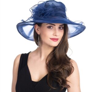 Lucky Leaf Women Church Cap Wide Brim Summer Sun Hat for Party Wedding(Hat1-2-Peacock Blue New)