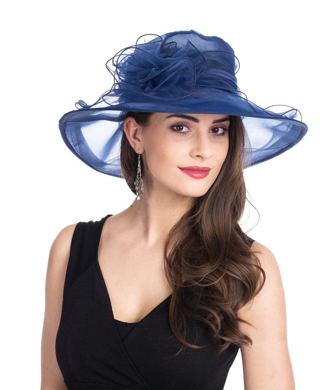 Lucky Leaf Women Church Cap Wide Brim Summer Sun Hat for Party Wedding(Hat1-2-Peacock Blue New)