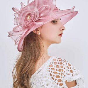 ELLYDOOR Women Kentucky Derby Fascinator Hat Organza Church Wedding Hat Wide Brim Cocktail Tea Party Hat Pink