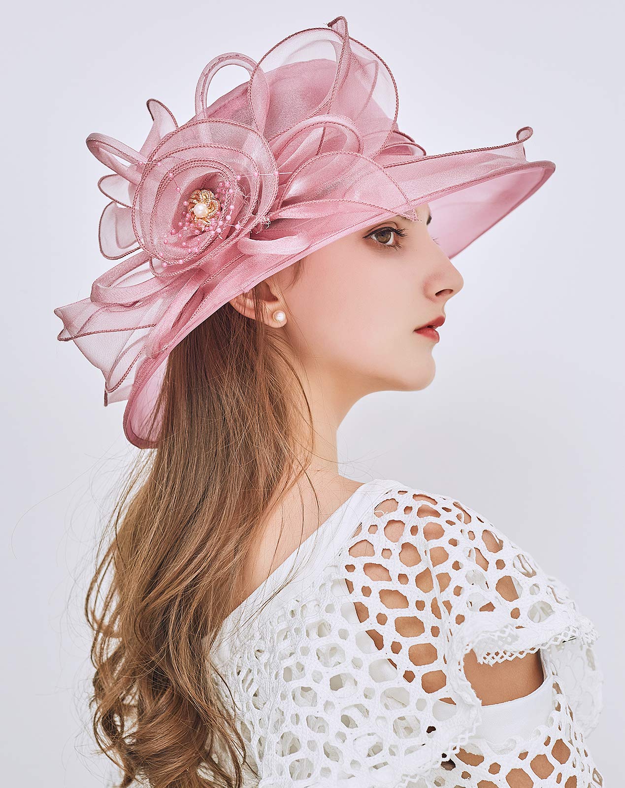 ELLYDOOR Women Kentucky Derby Fascinator Hat Organza Church Wedding Hat Wide Brim Cocktail Tea Party Hat Pink