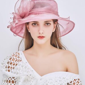 ELLYDOOR Women Kentucky Derby Fascinator Hat Organza Church Wedding Hat Wide Brim Cocktail Tea Party Hat Pink