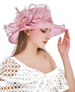 ellydoor women kentucky derby fascinator hat organza church wedding hat wide brim cocktail tea party hat pink