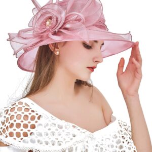 ELLYDOOR Women Kentucky Derby Fascinator Hat Organza Church Wedding Hat Wide Brim Cocktail Tea Party Hat Pink