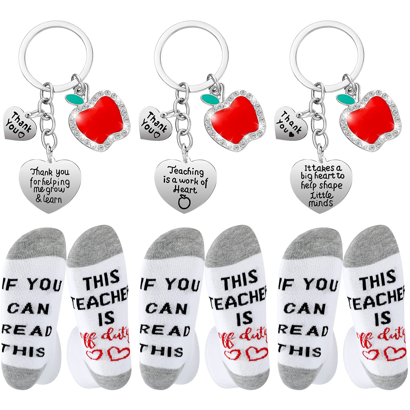 Hicarer 6 Pieces Teacher Keychain Gifts Set Teacher Key Ring Appreciation Sock Gifts Valentines Day Gifts for Teacher