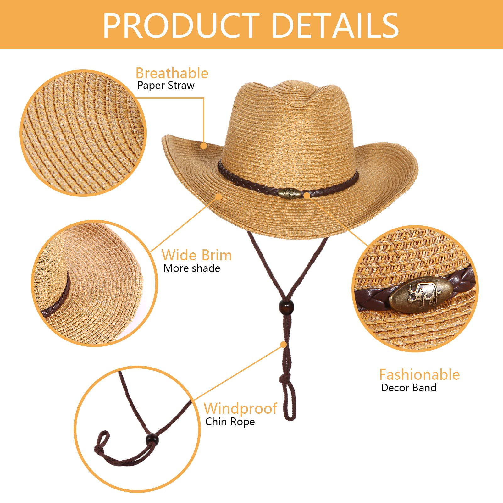 Western Cowboy Hat with String for Women Men Foldable Summer Sun Protection Straw Beach Hats with Wide Brim Khaki