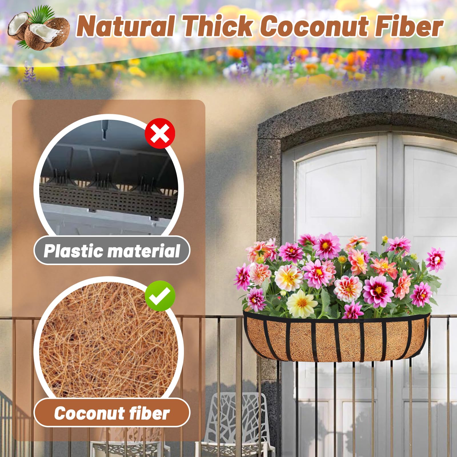 JISON21 Coconut Fiber Planter Liner, 3PCS 30 Inch Natural Coco Liners for Deck Hanging Planter Window Box Liners Half Moon Shape Replacement for Flower Pots Horse Trough Hanging Basket Vegetables Pot