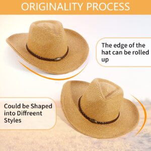 Western Cowboy Hat with String for Women Men Foldable Summer Sun Protection Straw Beach Hats with Wide Brim Khaki