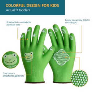 COOLJOB Breathable Toddler Work Gloves for Gardening Boy Girl Ages 2-4 Small, 100% Jersey Nylon Kids Garden Gloves with Grip, Children Yard Gloves for Digging Weeding Landscaping, Green Frog, 1 Pair