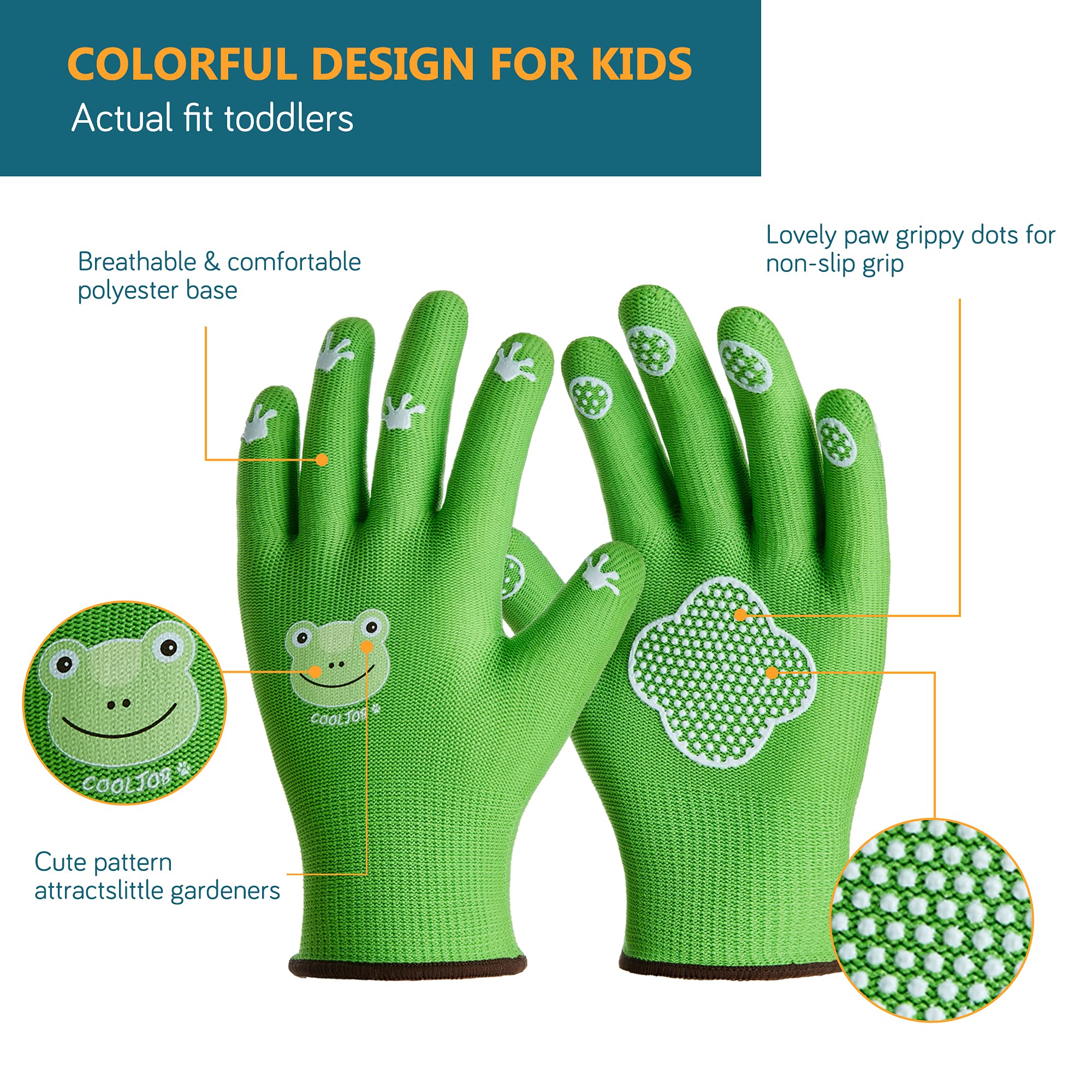 COOLJOB Breathable Toddler Work Gloves for Gardening Boy Girl Ages 2-4 Small, 100% Jersey Nylon Kids Garden Gloves with Grip, Children Yard Gloves for Digging Weeding Landscaping, Green Frog, 1 Pair