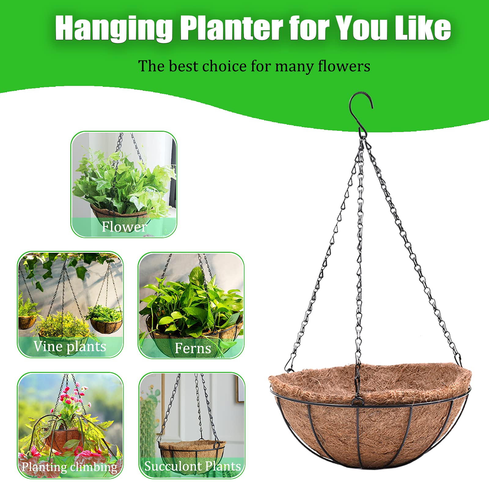 EIMQUVW 4 Pack Hanging Planter Basket Outdoor Large Hanging Flower Pots Indoor 12 inch with Coco Coir Liner Round Wire Plant Holder Chain Hanging Basket Garden for Home Decor Balcony Office1