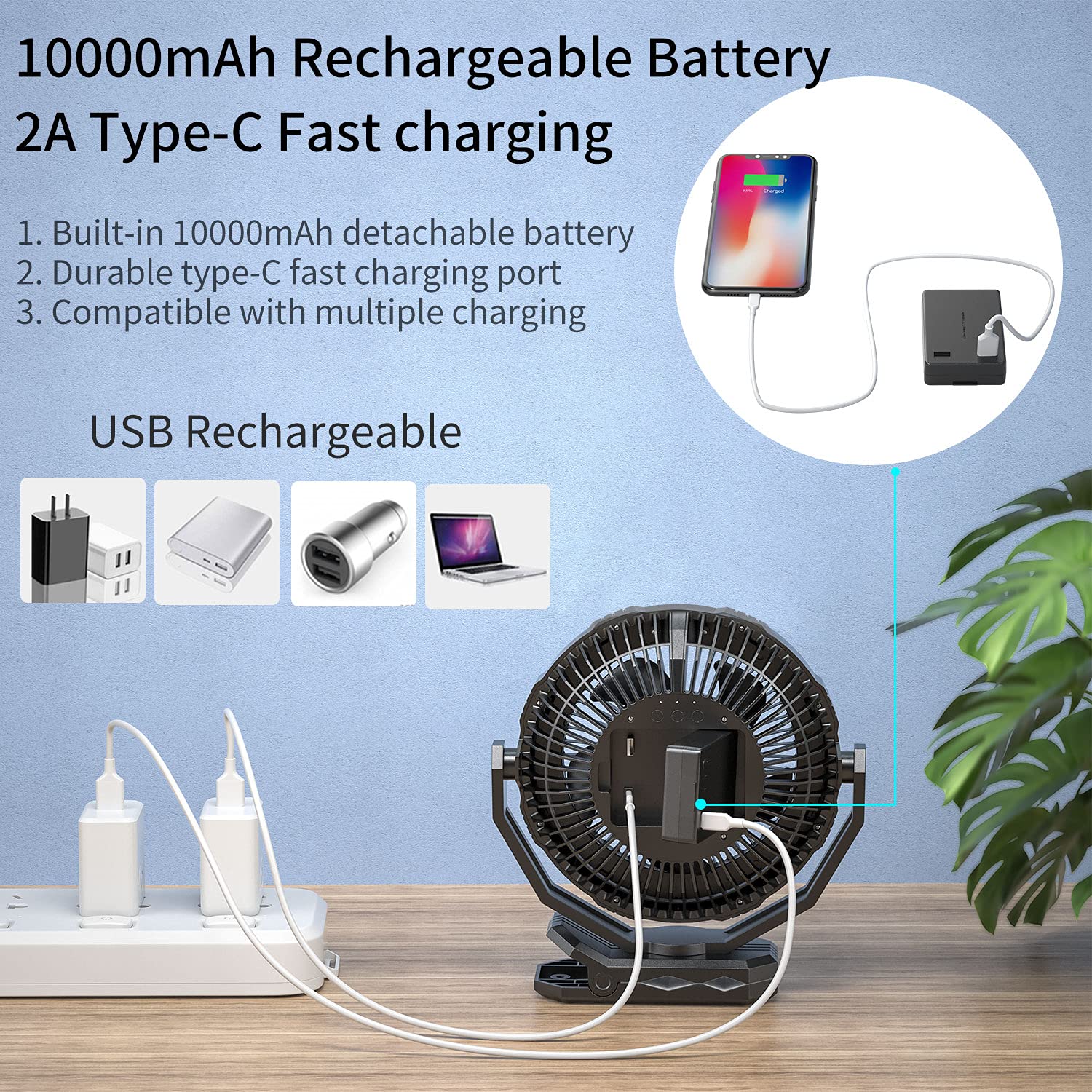 HandFan 10000mAh Upgraded Clip Fan with Charger/Clip Enhancer, 8 Inch Rechargeable Fan Portable with Sleep Timer, Battery Operated Camping Fan, for Golf Cart Travel Tent Gym Treadmill Outdoors(Black)