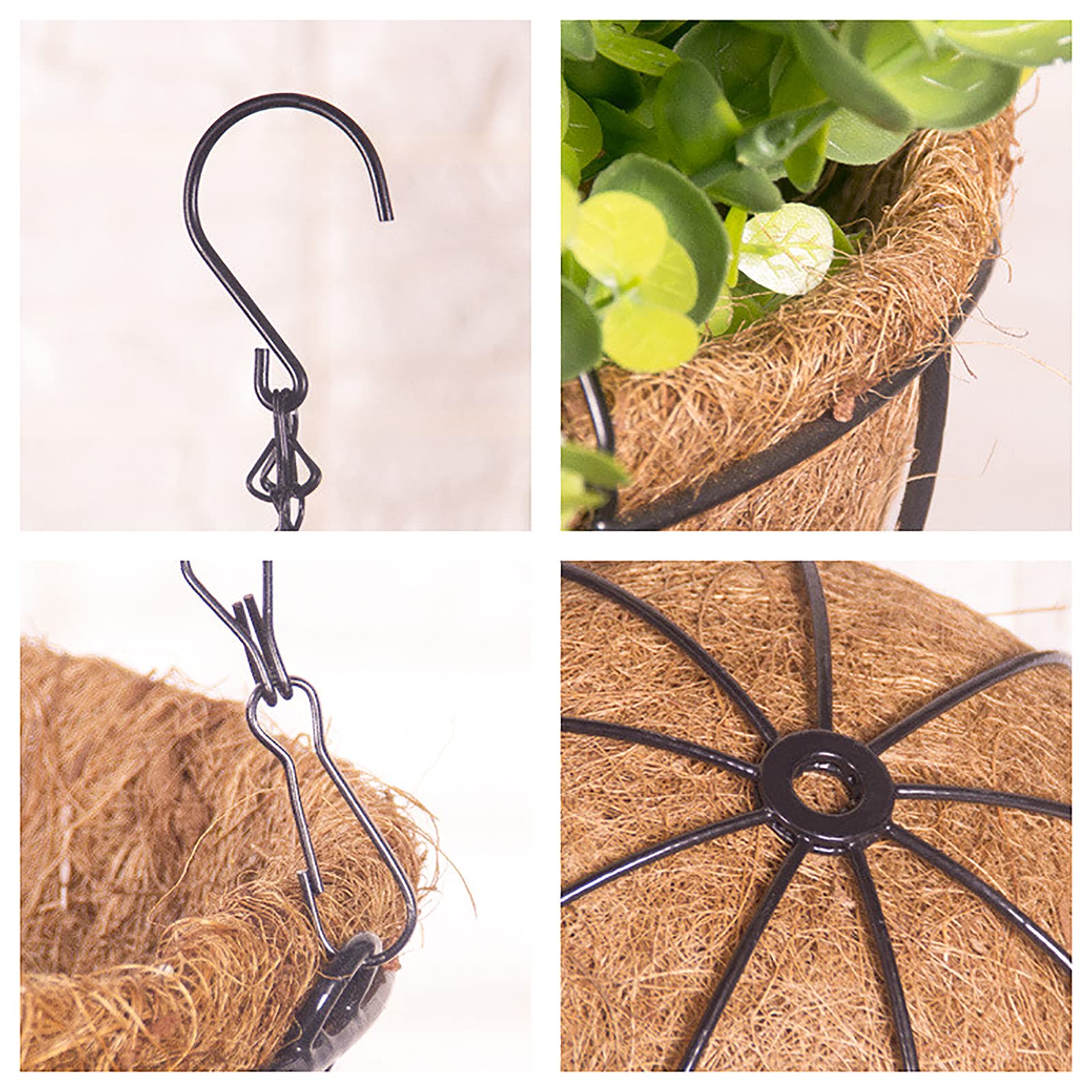 EIMQUVW 4 Pack Hanging Planter Basket Outdoor Large Hanging Flower Pots Indoor 12 inch with Coco Coir Liner Round Wire Plant Holder Chain Hanging Basket Garden for Home Decor Balcony Office1