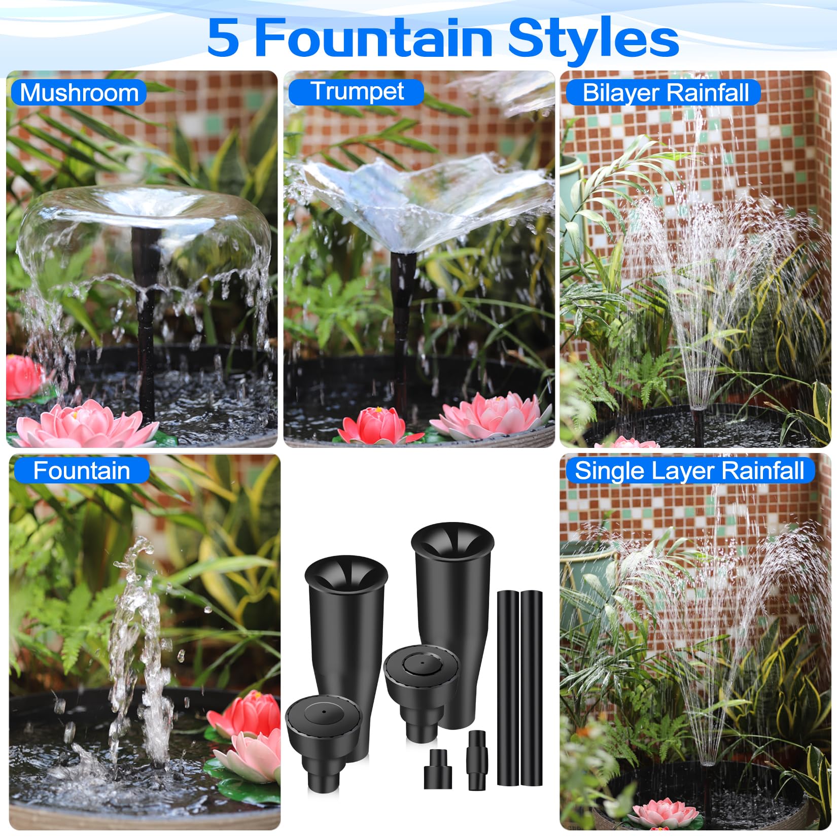 Water fountain nozzle for Garden, Ponds, Tabletop Fish Ponds, 8 pcs of Set, 2 Fountain Shaped, (size-S）